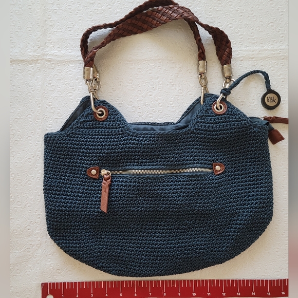 The SAK crochet purse blue w/brown/silver nwot - Picture 3 of 16